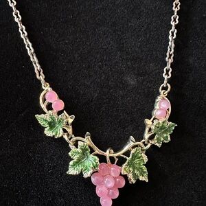 Vintage Floral Pink and Green Necklace with Grape Design
